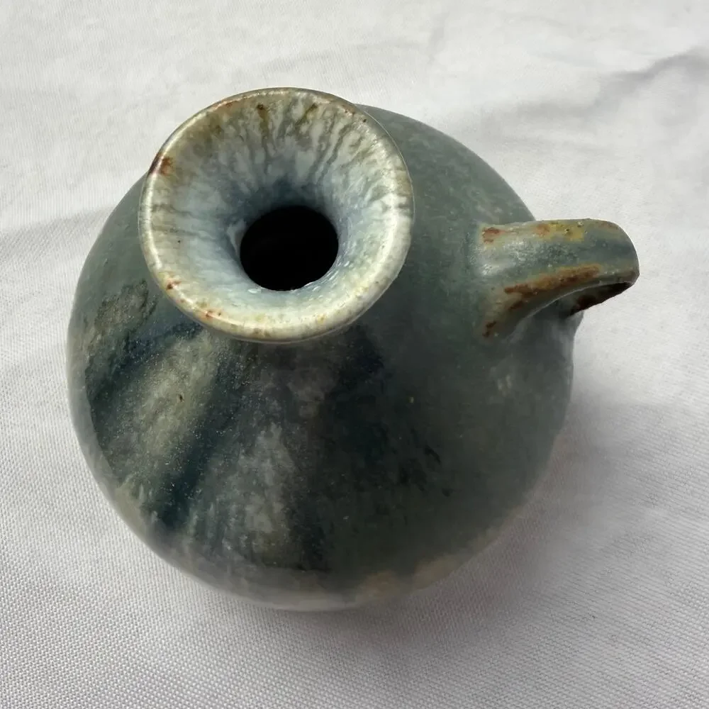 VTG Mingei Style Studio Pottery Stoneware Jug Bud Vase Drip Glaze Blue Green - Picture 9 of 10